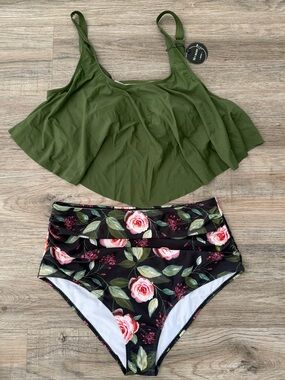 XL Floral High-Waist Bikini Set with Olive Flounce Top